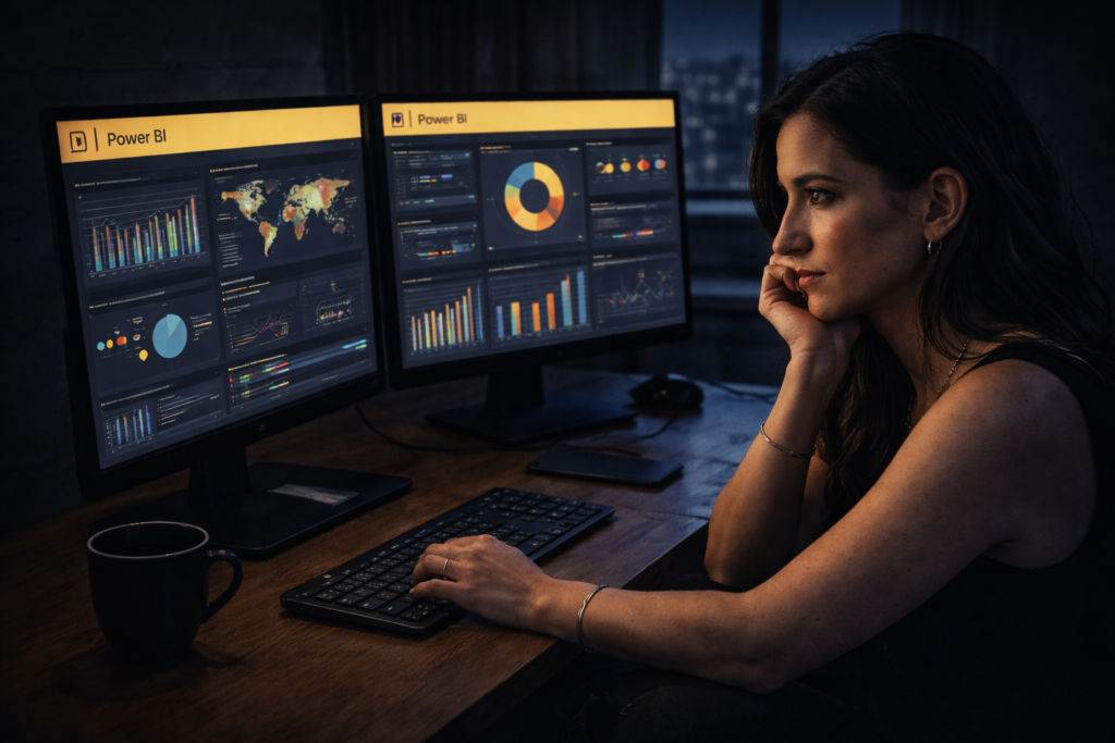 Burnout en pantuflas - QuienQuisiera Mujer analizando datos en Power BI en dos monitores.