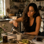 Mujer sirviendo té en una cocina rústica, con tostada de aguacate