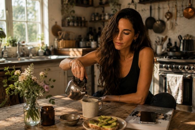 Mujer sirviendo té en una cocina rústica, con tostada de aguacate