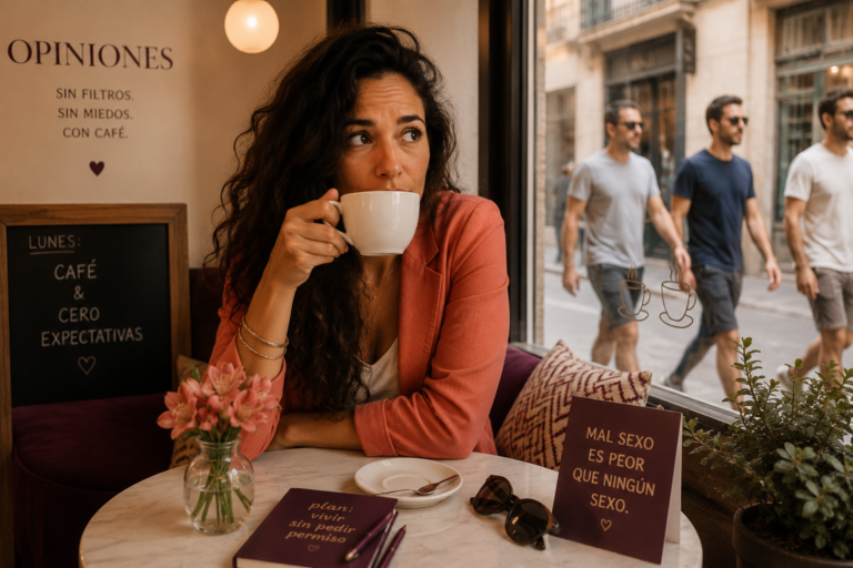 Mujer tomando café en cafetería, cita: "Mal sexo es peor que ningún sexo".
