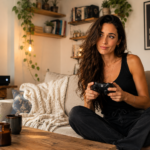 Mujer joven jugando videojuegos en un sofá acogedor
