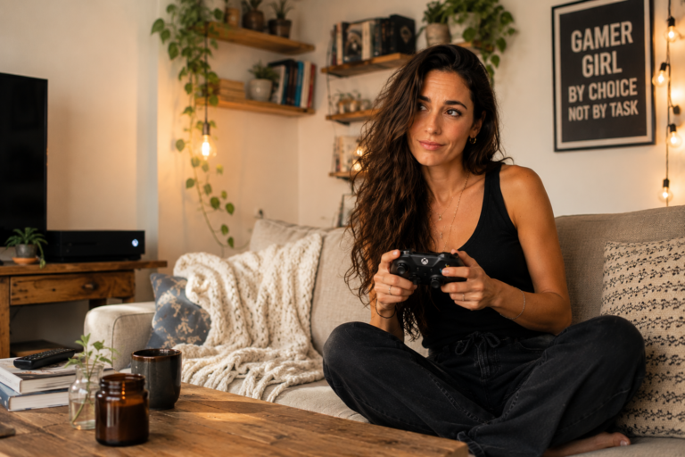 Mujer joven jugando videojuegos en un sofá acogedor