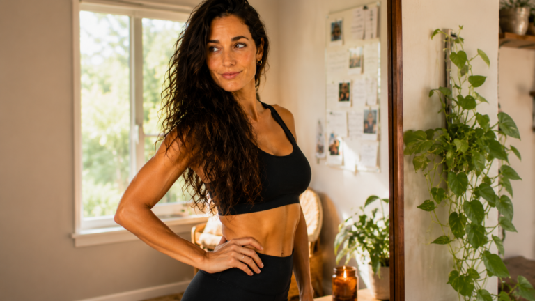 Mujer fitness de 40 años con cabello largo y ondulado, posando en ropa deportiva