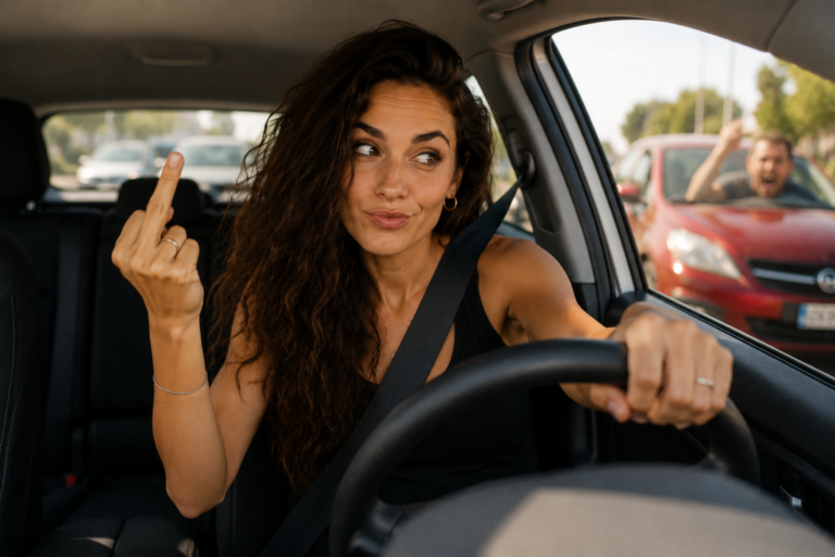 Mujer frustrada haciendo un gesto obsceno al conducir en el tráfico suburbano