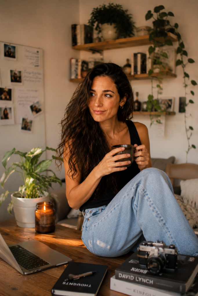 Mujer joven con cabello largo y rizado, sosteniendo una taza de café en un escritorio casero.