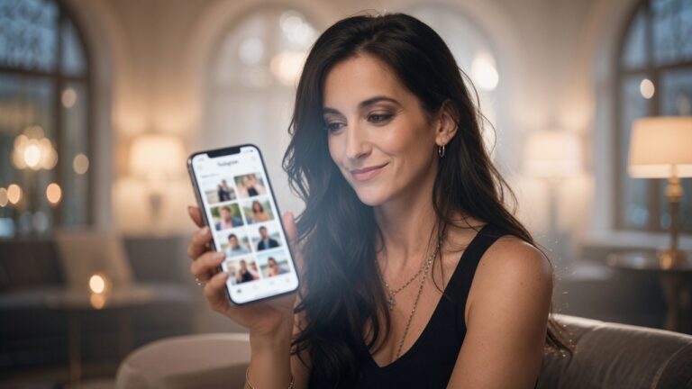 Mujer joven revisa perfiles en una aplicación de citas en su teléfono móvil