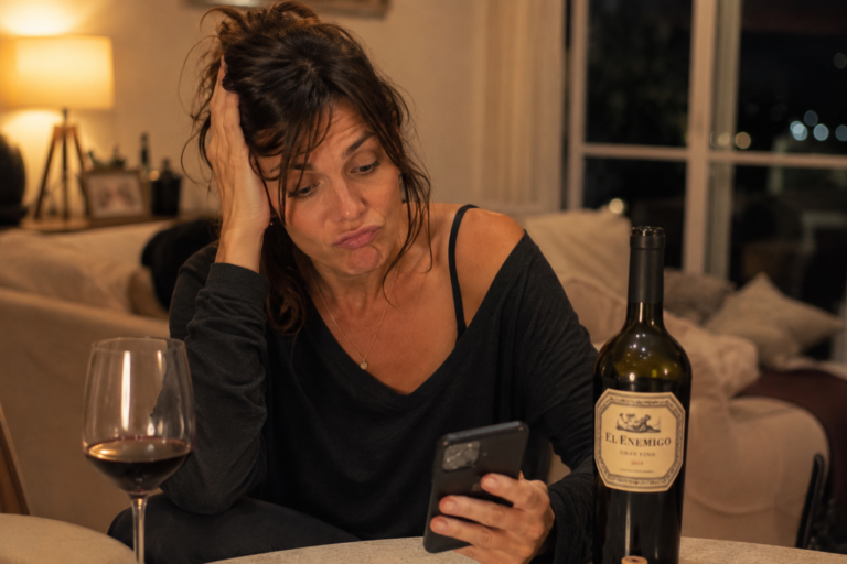 Mujer frustrada con vino y celular, día 52 sin sexo