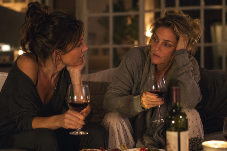 Dos amigas bebiendo vino tinto, una preocupada por la otra.