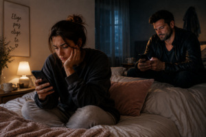 Cuando soltar no alcanza: vínculos, límites y contradicciones del corazón - QuienQuisiera Pareja en cama mirando teléfonos, vínculos y contradicciones