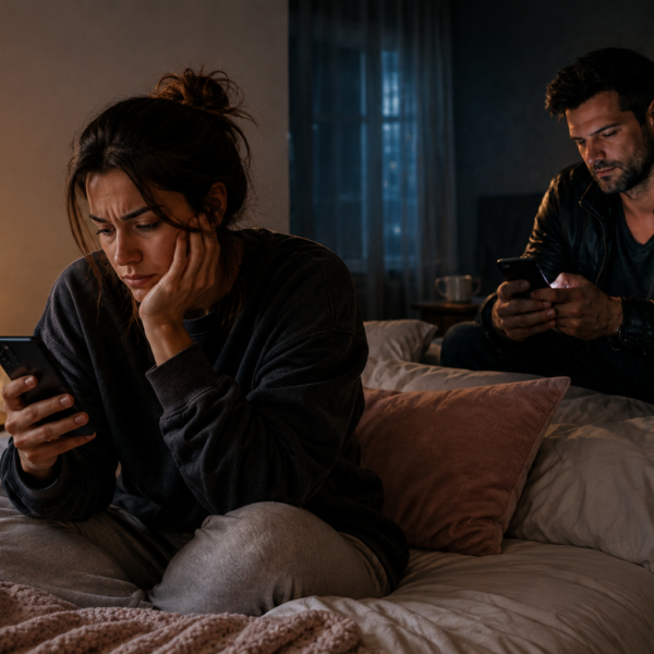 Pareja en cama mirando teléfonos, vínculos y contradicciones