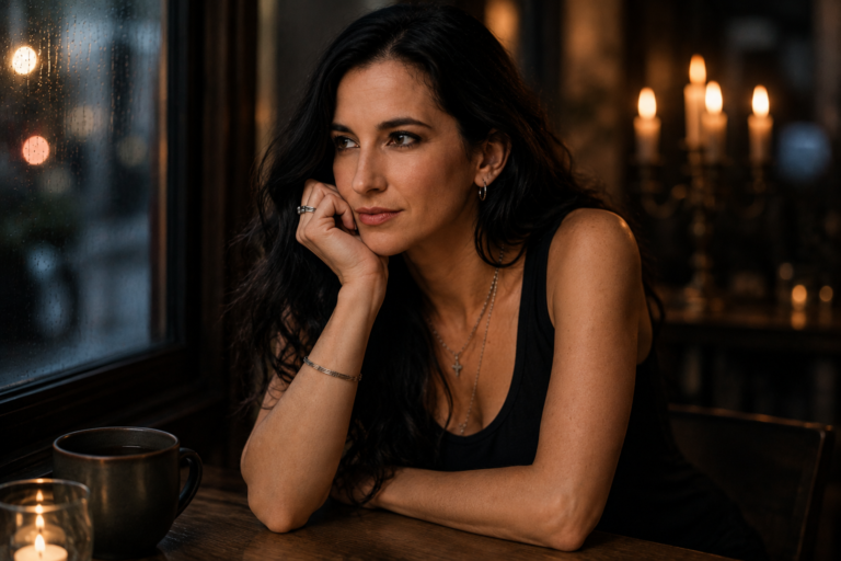 Mujer pensativa junto a la ventana con una taza de té y velas.