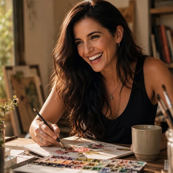 Artista sonriente pintando con acuarelas en un estudio luminoso