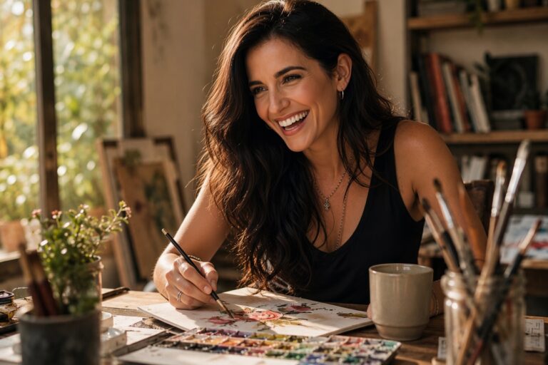 Artista sonriente pintando con acuarelas en un estudio luminoso