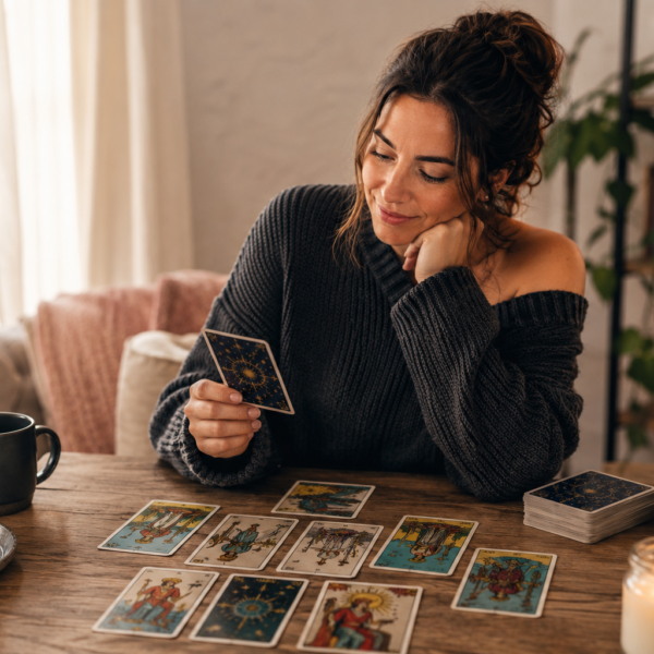 Mujer joven lee cartas de tarot para buscar trabajo en casa