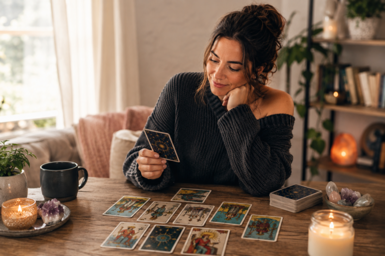Mujer joven lee cartas de tarot para buscar trabajo en casa