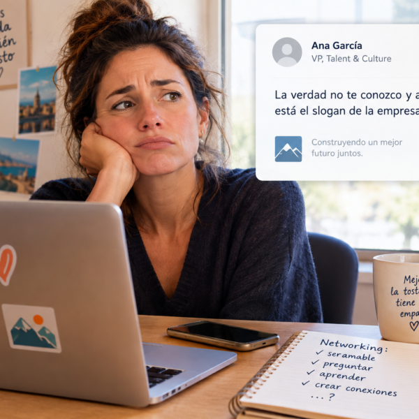 Historias - QuienQuisiera Mujer frustrada frente a laptop, con mensaje sobre "networking" y empatía.