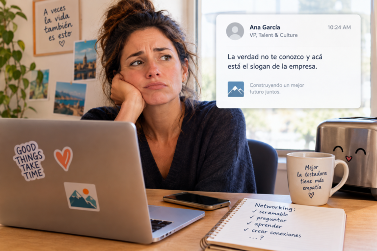 Mujer frustrada frente a laptop, con mensaje sobre "networking" y empatía.
