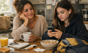 Madre e hija adolescente desayunando, ella mira su móvil