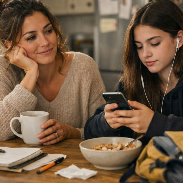 Historias - QuienQuisiera Madre e hija adolescente desayunando, ella mira su móvil