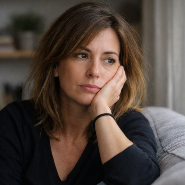 Historias - QuienQuisiera Mujer pensativa y ansiosa sentada en un sofá