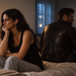 Mujer pensativa y hombre de espaldas en cama, conflicto de pareja