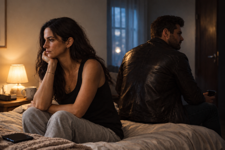 Mujer pensativa y hombre de espaldas en cama, conflicto de pareja